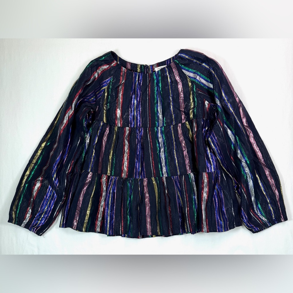 CREWCUTS Girls’ Black Metallic Rainbow Stripe Tiered‎ Long Sleeve Blouse Size L